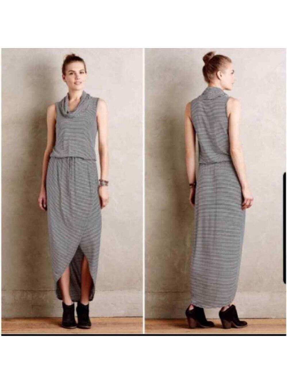Anthropologie Dolan Black White Striped Knit Hi Lo Cowl Neck Maxi Dress